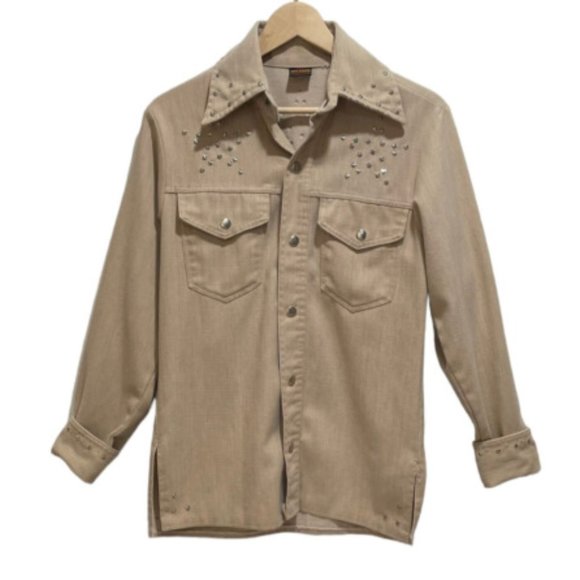 Vintage BIG YANK Beige Button Front Polyester Beaded Western Shirt Large - Picture 1 of 9